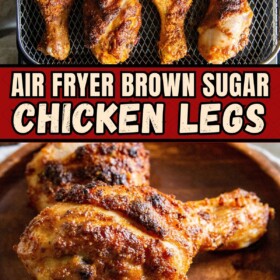 Air fryer chicken legs are coated in brown sugar and savory seasonings.