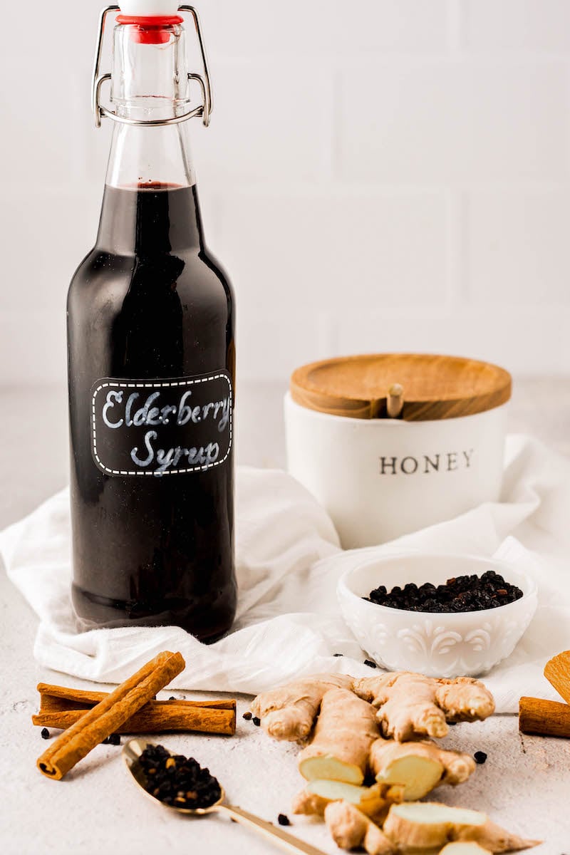 Elderberry syrup with ingredients.