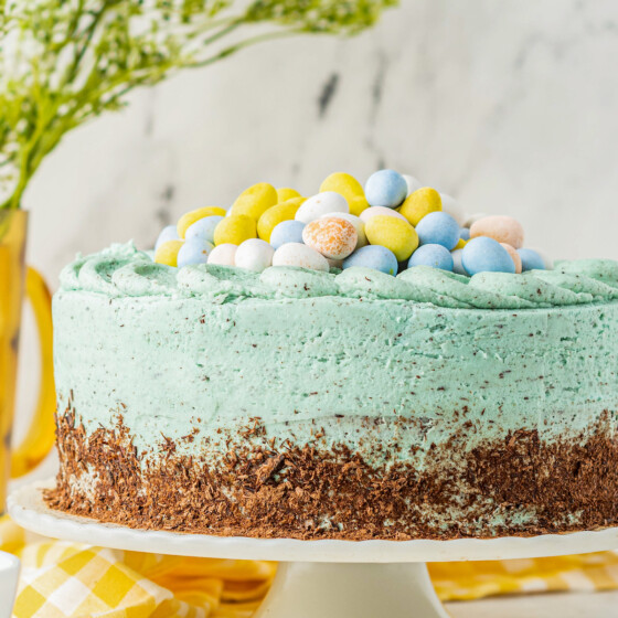Easter egg cake on a cake platter.
