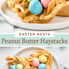Collage image of easter haystacks on a white plate and an over head image of three on a white plate.