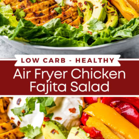 Collage image of chicken fajita salad in a large bowl and an up close image of chicken fajita salad with avocado.