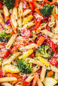 Penne pasta with parmesan and vegetables.