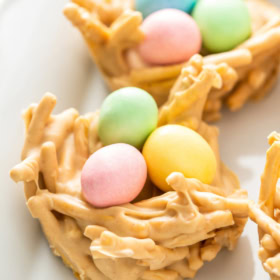 Easter egg haystacks are on a white plate.