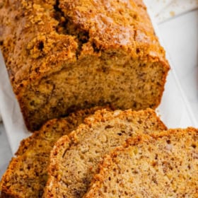 Plate of sliced brown sugar banana bread.