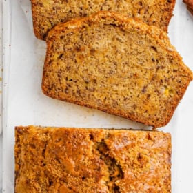 Plate of sliced brown sugar banana bread.