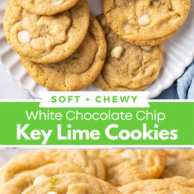 Collage image of key lime cookies in a circle on a white plate and an up close image of white chocolate key lime cookies with lime zest on top.