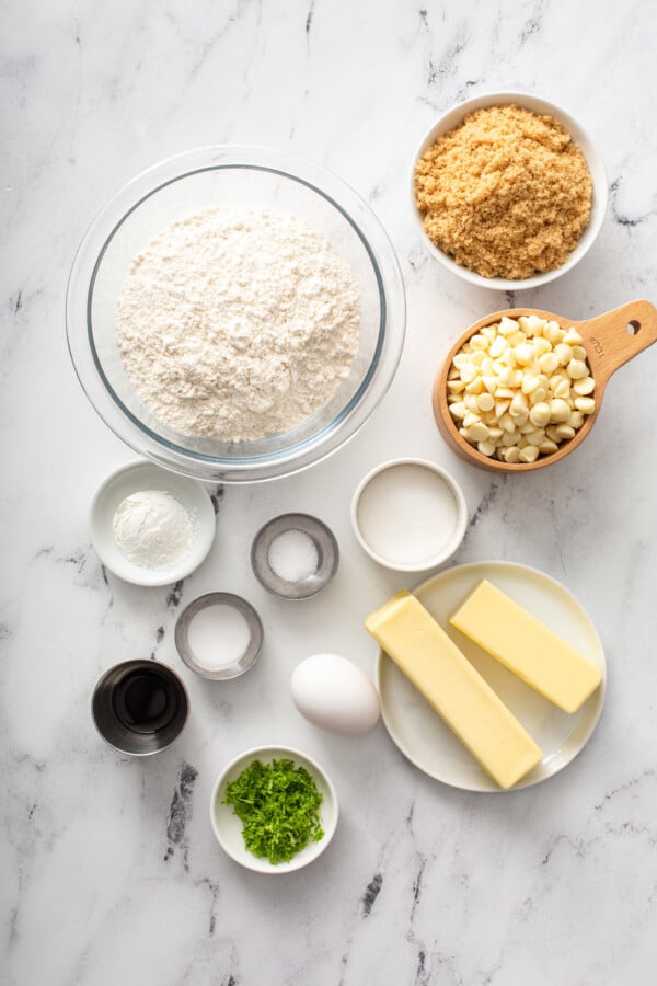 The ingredients for key lime cookies are spread out. 