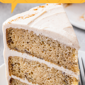Pinterest graphic with a photo of a slice of banana layer cake