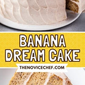 Pinterest graphic with two photos of banana dream cake