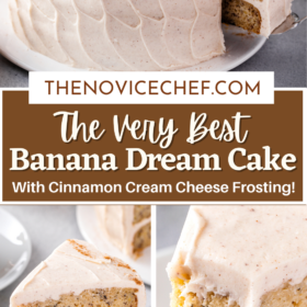 Pinterest graphic with three photos of banana cake