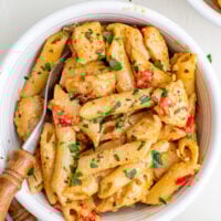 Creamy pasta and chicken in a bowl.
