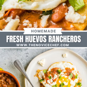 Collage image: up close image of a fried egg on top of a tortilla with beans and cheese and an overhead image of Huevos rancheros on a white plate with a fork and salsa.