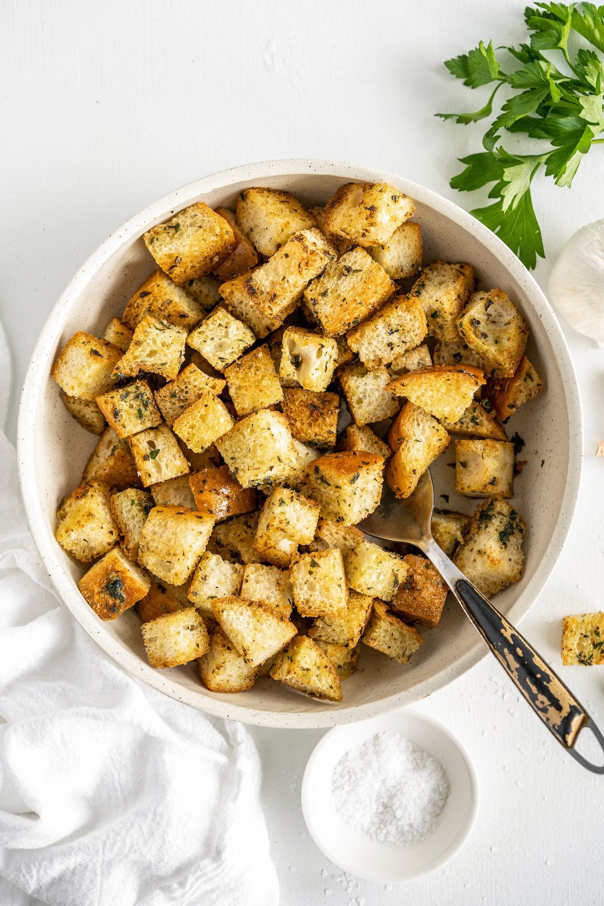 Bowl of homemade croutons.