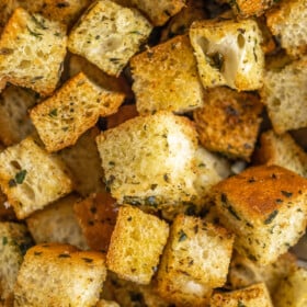 Crunchy homemade croutons with seasoning.