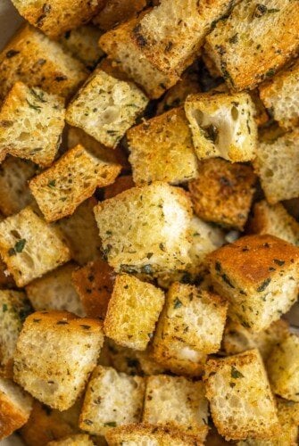 Crunchy homemade croutons with seasoning.