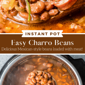 Collage image of a spoonful of charro beans and an instant pot with charro beans with a spoon.