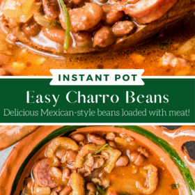 Collage image of charro beans in a spoon and a bowl full of charro beans.