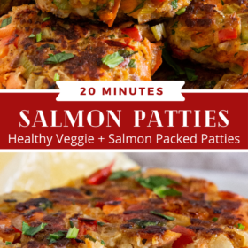 Collage image, image 1: up close salmon patties with vegetables inside and image 2 salmon Pattie cut into pieces.