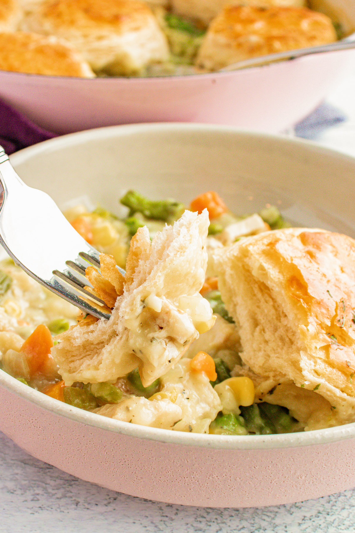 Bowl of chicken pot pie with biscuits.