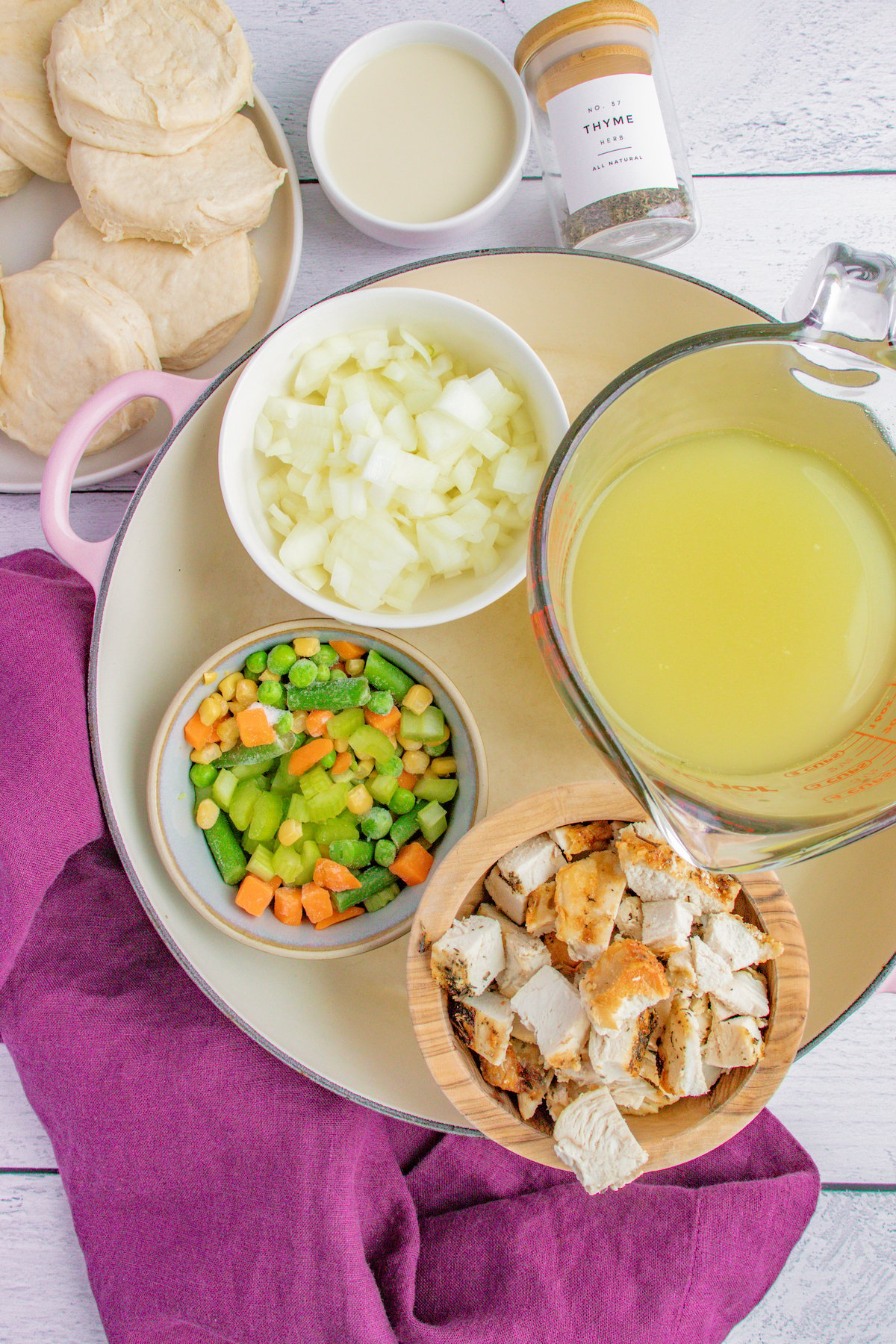 Ingredients for skillet chicken pot pie with biscuits.