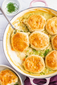 Baked chicken pot pie with biscuits.