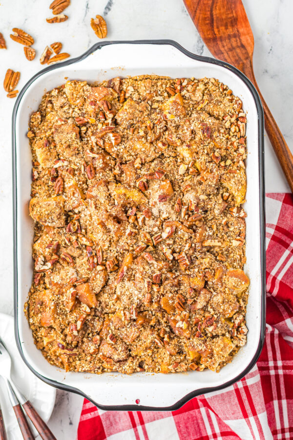 Unbaked apple pie french toast casserole.