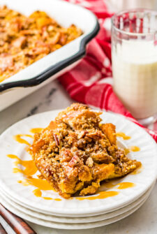 French toast casserole with caramel sauce.