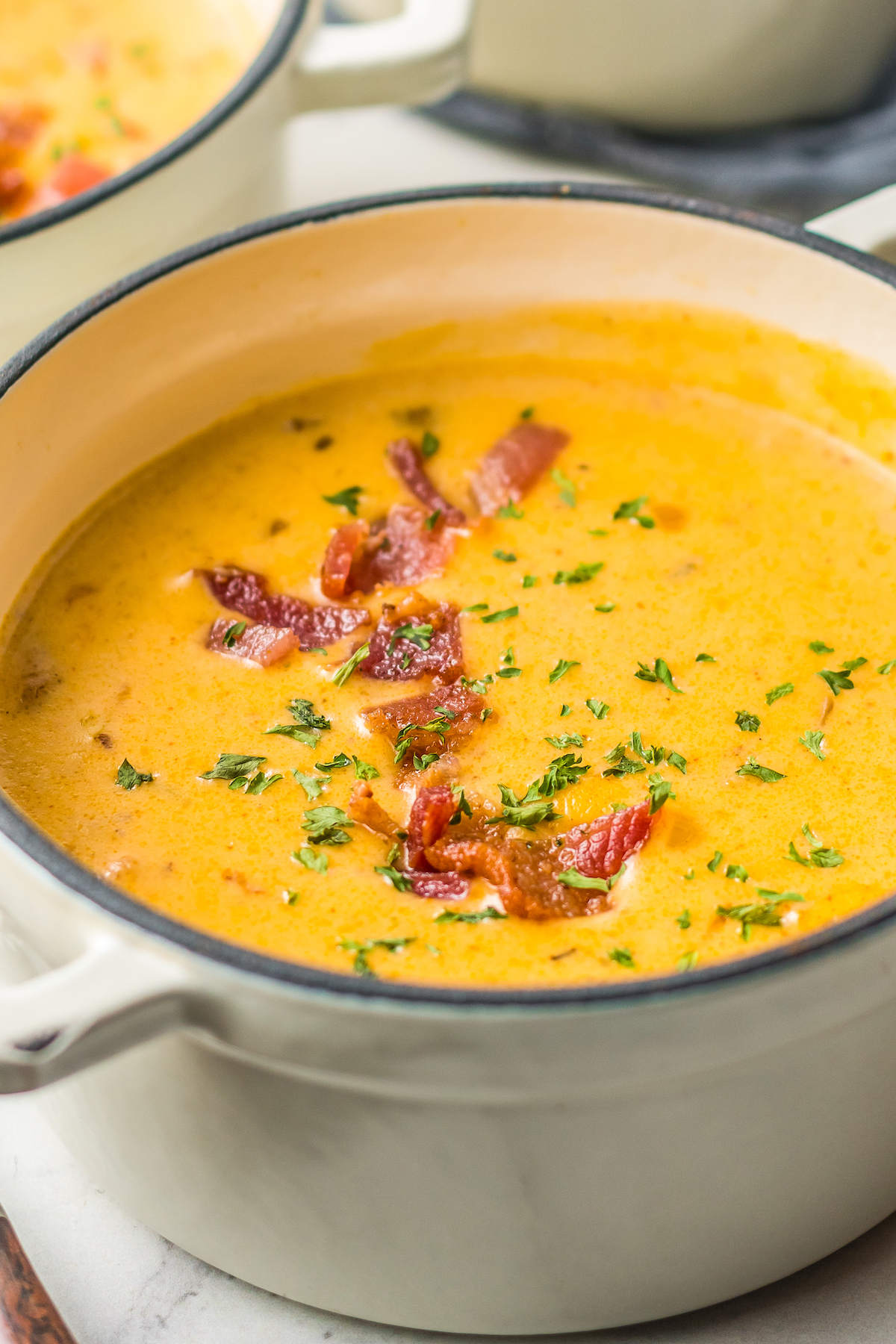 Beer cheese soup with crispy bacon bits.