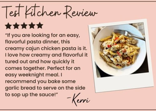 A review for creamy Cajun chicken pasta with a photo of the dish. The flavorful pasta is topped with sliced chicken, red peppers, and sauce. The review praises this Cajun chicken pasta’s taste and ease, suggesting garlic bread on the side.