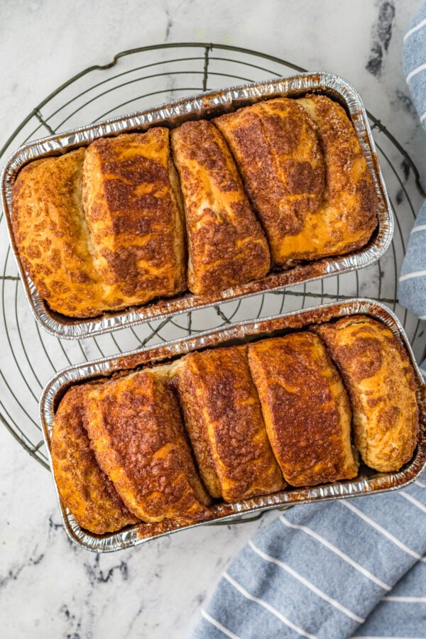 Two loaves of pull apart cinnamon sugar bread.