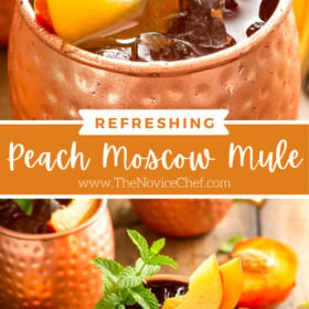 Collage image of Moscow Mule with peach and mint on top and a wide shot of a peach Moscow Mule with toppings and peaches around it.