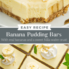 Collage image of a single banana pudding bar with a bite taken out of it and an over head image of banana pudding bars with bananas and whip cream on top.