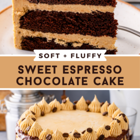 Collage image of chocolate espresso cake with three layers and an image of the full cake.