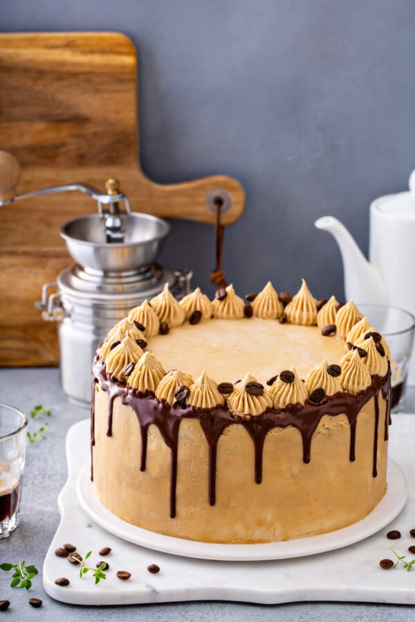 A gorgeous chocolate espresso layer cake is topped with chocolate syrup and more icing with espresso beans. 