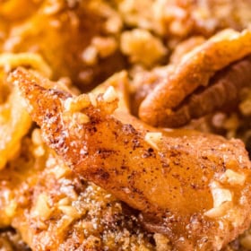 Apple pie french toast casserole with pecans.