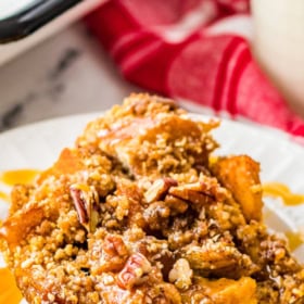 French toast casserole with caramel sauce.