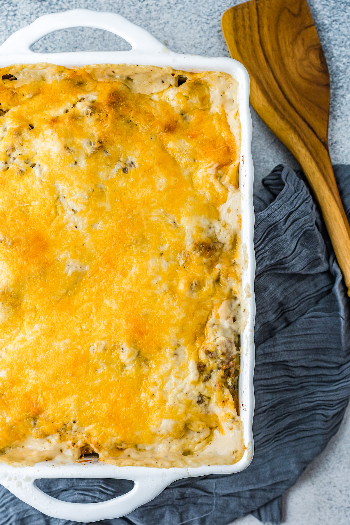 Baked, cheesy biscuits and gravy casserole.