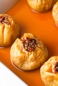 Golden apples stuffed with chopped nuts, brown sugar, and cinnamon.