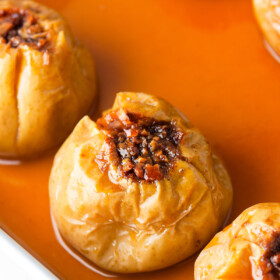 Golden apples stuffed with chopped nuts, brown sugar, and cinnamon.