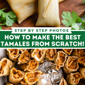 Collage image of tamales on a cutting board and an overhead image of tamales in a big pot.