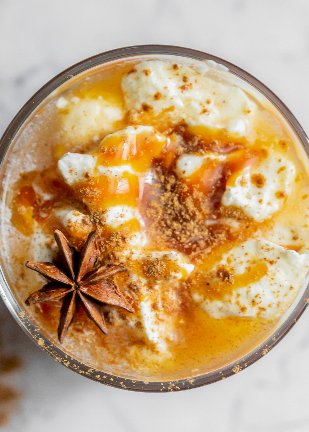 Pumpkin apple cider with caramel sauce and whipped cream.