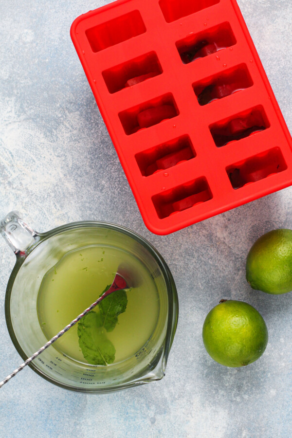 A popsicle mold with a pitcher filled with mojito mixture.
