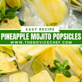 Collage image: image 1 of a glass jar with a popsicle in it or a platter full of yellow pineapple popsicles with mint leaves.