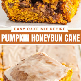 Up close image of a slice of pumpkin cake on a white plate and an image of pumpkin honey bun cake with icing on top on a spatula.