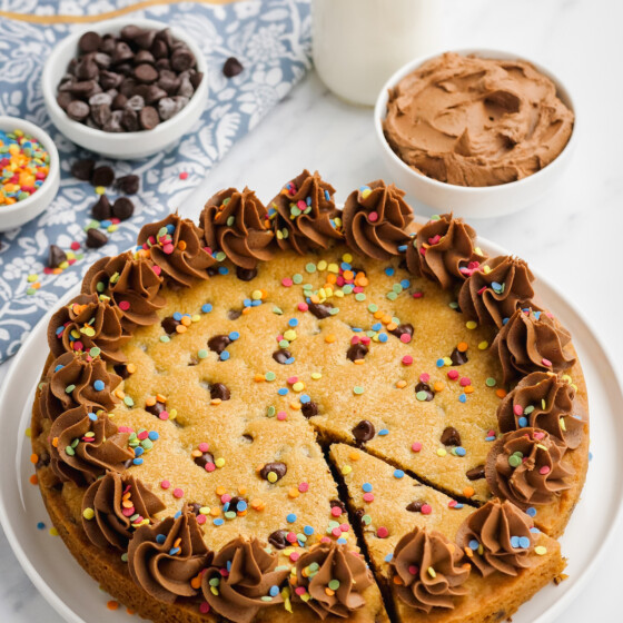 Chocolate chip cookie cake with chocolate frosting.