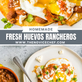 Collage image: up close image of Huevos ranchero with a fork cutting the egg and overhead image of plates filled with salsa and Huevos Rancheros.