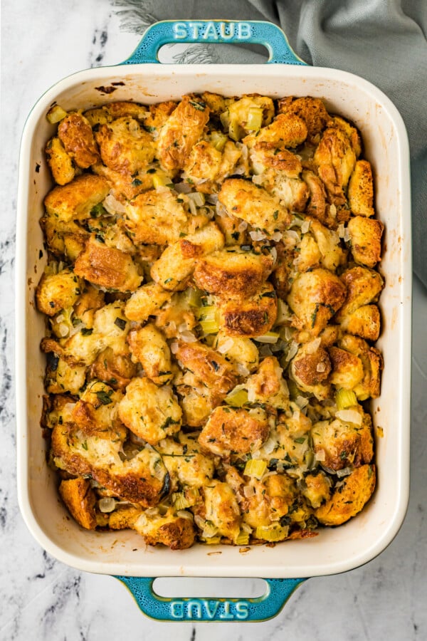 Baked homemade stuffing in a baking dish.