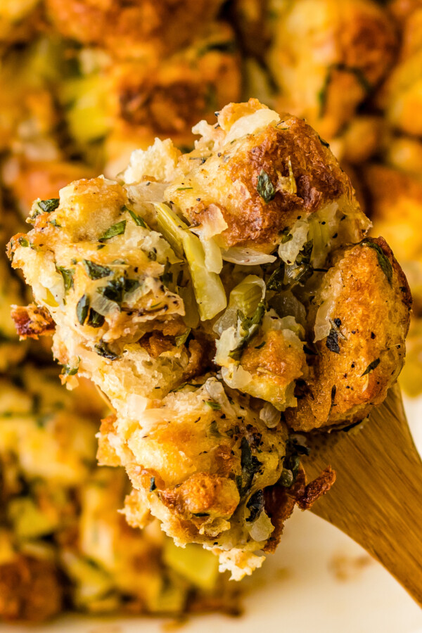 Homemade stuffing with herbs, onion, and celery.