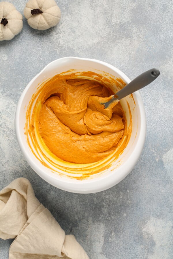Finished pumpkin dip in a white bowl