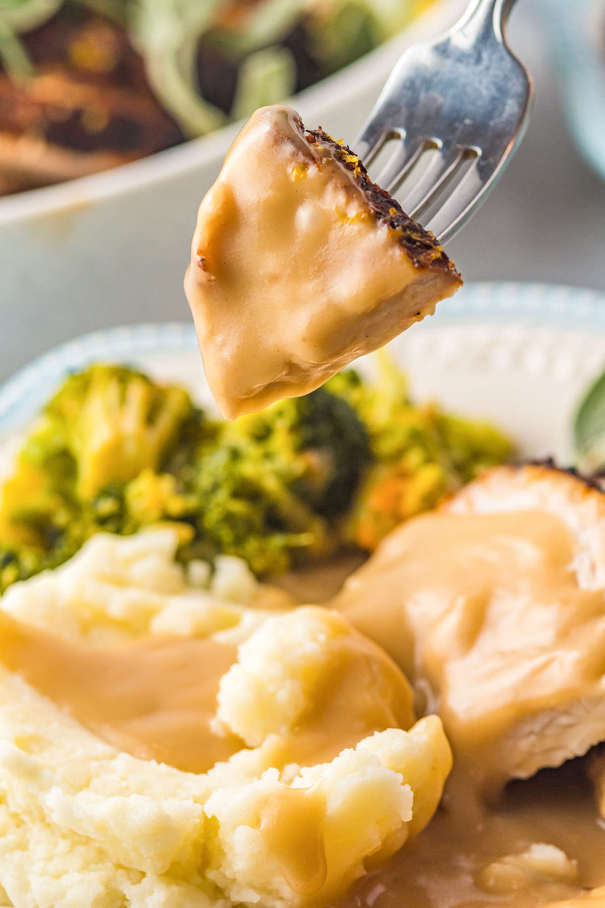 A close-up shot of a silver fork with a bite-sized piece of turkey with gravy.